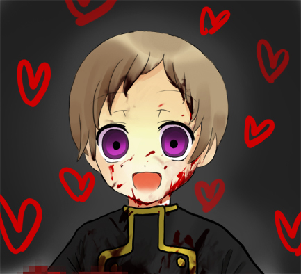 rolo lamperouge, code geass, lowres, 00s, 1boy, blood, brown hair, crazy eyes, creepy, empty eyes, gradient background, heart, horror (theme), male focus, purple eyes, school uniform, short hair, smile, solo, upper body, yandere