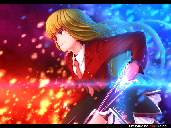 lain, mammon (umineko), umineko no naku koro ni, 00s, 1girl, blonde hair, female focus, letterboxed, necktie, panties, pink necktie, red eyes, solo, underwear