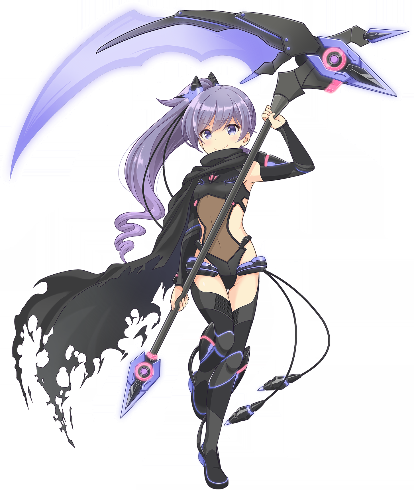 takase rio, ongeki, game cg, highres, non-web source, official art, 1girl, armpits, beam scythe, black boots, black cape, black sleeves, boots, breasts, cape, closed mouth, covered navel, detached sleeves, full body, holding, holding scythe, long hair, looking at viewer, ponytail, purple eyes, purple hair, revealing clothes, scythe, simple background, small breasts, smile, solo, split mouth, thigh boots, torn cape, torn clothes, transparent background, v-shaped eyebrows, very long hair