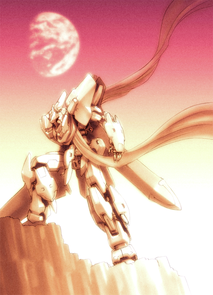 magaki ryouta, original, armor, helmet, machinery, mecha, no humans, robot, scarf, solo, weapon