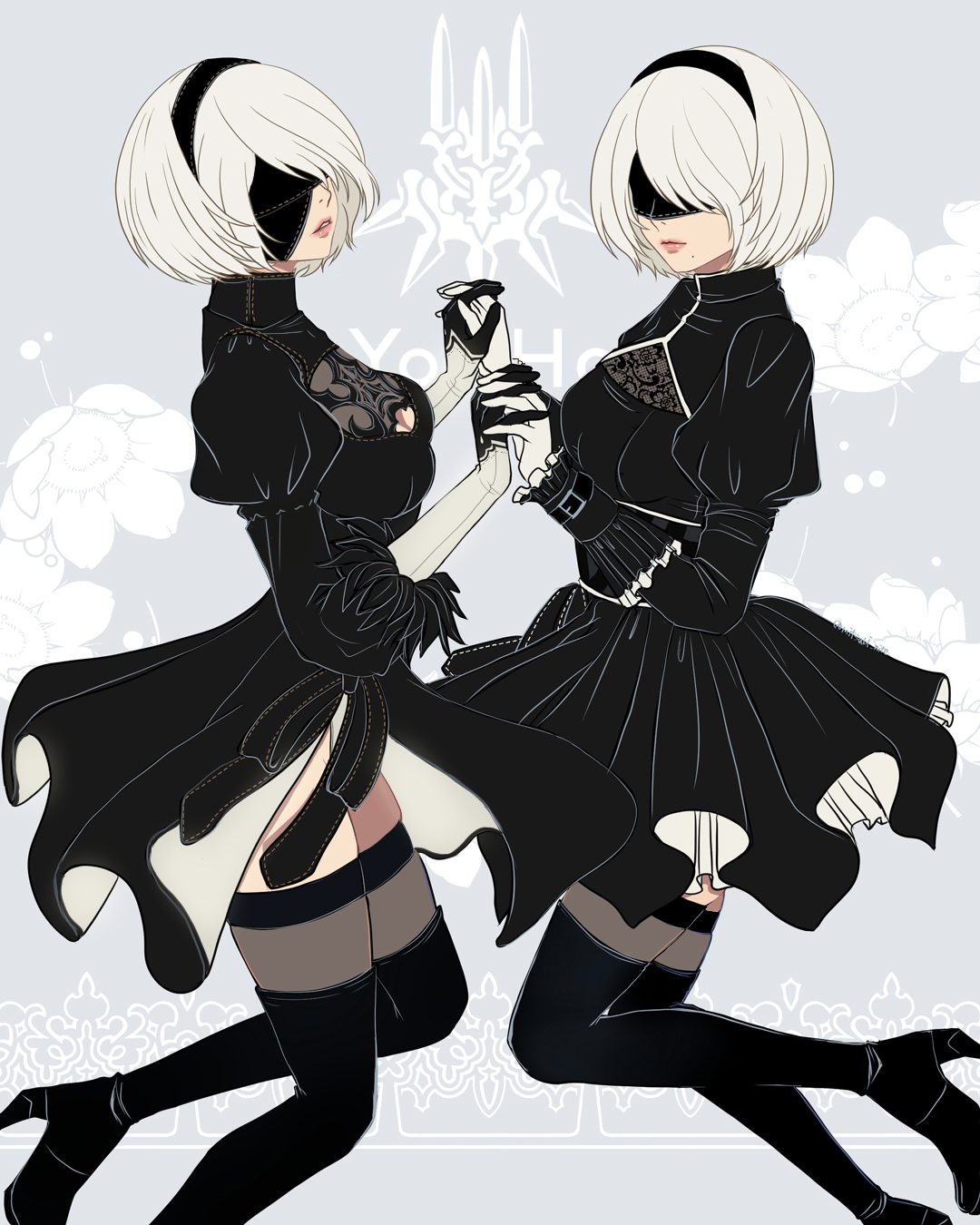 mitsuki nite, 2b (nier:automata), a2 (nier:automata), nier:automata, nier (series), highres, 2girls, black thighhighs, covered eyes, high heels, holding hands, multiple girls, short hair, thighhighs, white hair
