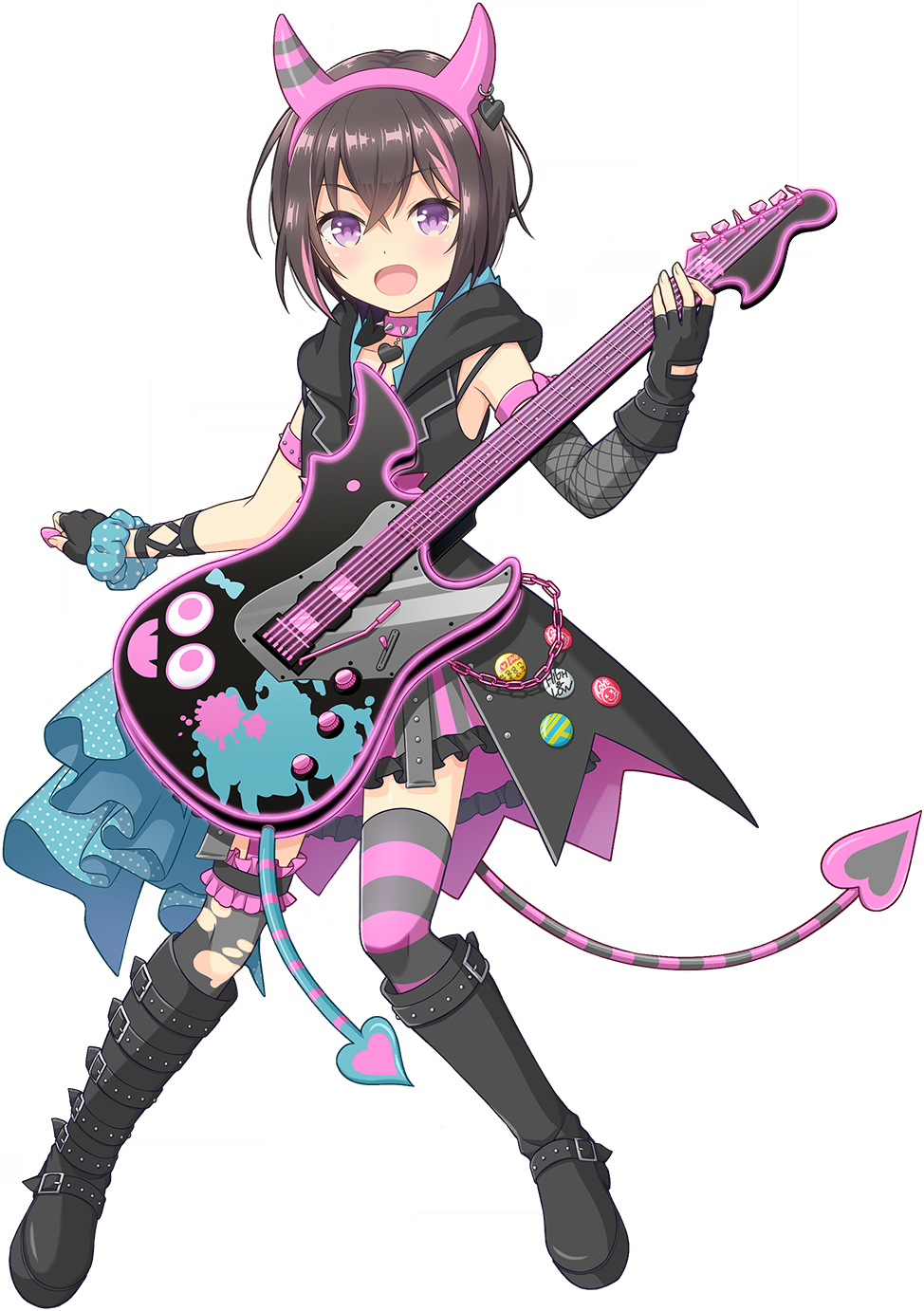 yuuki riku, ongeki, game cg, highres, non-web source, official art, 1girl, asymmetrical legwear, black boots, black gloves, black hair, black thighhighs, boots, demon tail, detached sleeves, electric guitar, fake horns, fingerless gloves, fishnet sleeves, fishnets, full body, gloves, guitar, hairband, holding, holding guitar, holding instrument, holding plectrum, hood, hood down, hooded jacket, horn hairband, horns, instrument, jacket, knee boots, looking at viewer, mismatched legwear, multicolored hair, pink hair, pink hairband, pink thighhighs, plectrum, purple eyes, short hair, simple background, single detached sleeve, sleeveless, sleeveless jacket, solo, streaked hair, striped clothes, striped thighhighs, tail, thighhighs, torn clothes, torn thighhighs, transparent background, uneven legwear
