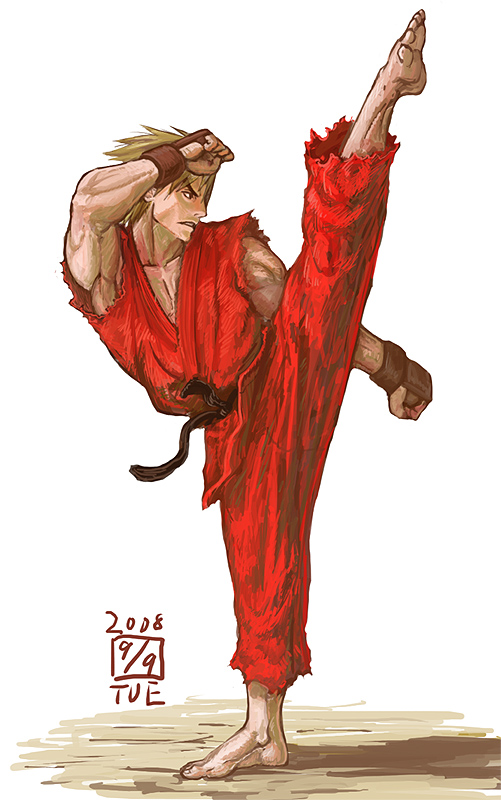 ikeda (cpt), ken masters, capcom, street fighter, 1boy, barefoot, blonde hair, dougi, feet, fighting stance, kicking, male focus, solo