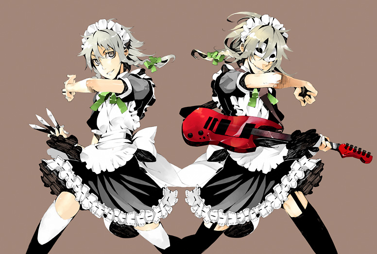 kukicha, sekkenya, izayoi sakuya, shuuzou, sekken-ya, touhou, 1boy, 1girl, cosplay, crossdressing, guitar, instrument, izayoi sakuya (cosplay), knife, maid, mask, simple background, thighhighs, throwing knife, weapon