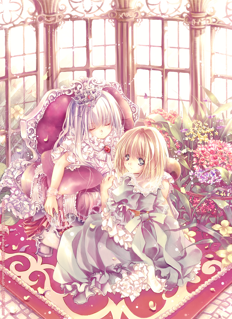ai hallelujah, blue hallelujah, original, blonde hair, blue eyes, crown, dress, flower, princess, ribbon, skirt, sleeping, throne, window