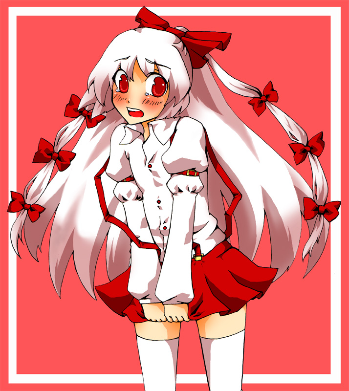 nabeyama satoru, nabeyamasatoru, fujiwara no mokou, touhou, 1girl, blush, bow, female focus, hair bow, hair ribbon, long hair, multiple hair bows, open mouth, red eyes, ribbon, skirt, solo, tears, thighhighs, white hair