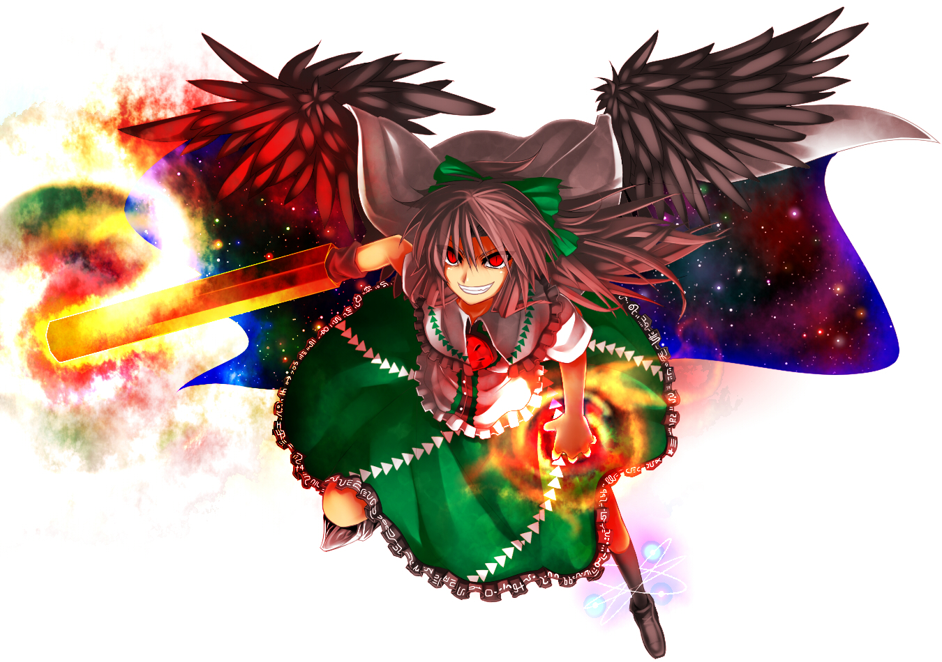 kazetto, reiuji utsuho, touhou, 1girl, brown hair, dress, female focus, gradient background, grin, long hair, red eyes, ribbon, smile, solo, white background, wings