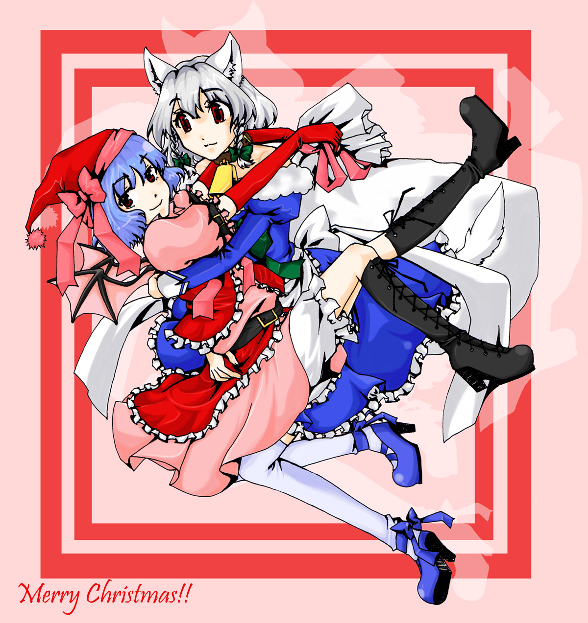 nabeyama satoru, nabeyamasatoru, izayoi sakuya, remilia scarlet, touhou, silver hair, highres, 2girls, bat wings, bell, blue hair, boots, braid, christmas, collar, cowbell, female focus, hat, high heels, multiple girls, neck bell, red eyes, ribbon, santa hat, shoes, short hair, thighhighs, twin braids, wings