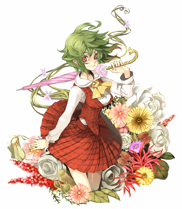 kukicha, kazami yuuka, touhou, 1girl, ascot, breasts, closed umbrella, dress, female focus, flower, green hair, impossible clothes, impossible shirt, medium breasts, parasol, plaid clothes, plaid skirt, plaid vest, plant, pleated skirt, red eyes, ribbon, shirt, skirt, skirt set, solo, umbrella, vest, white background