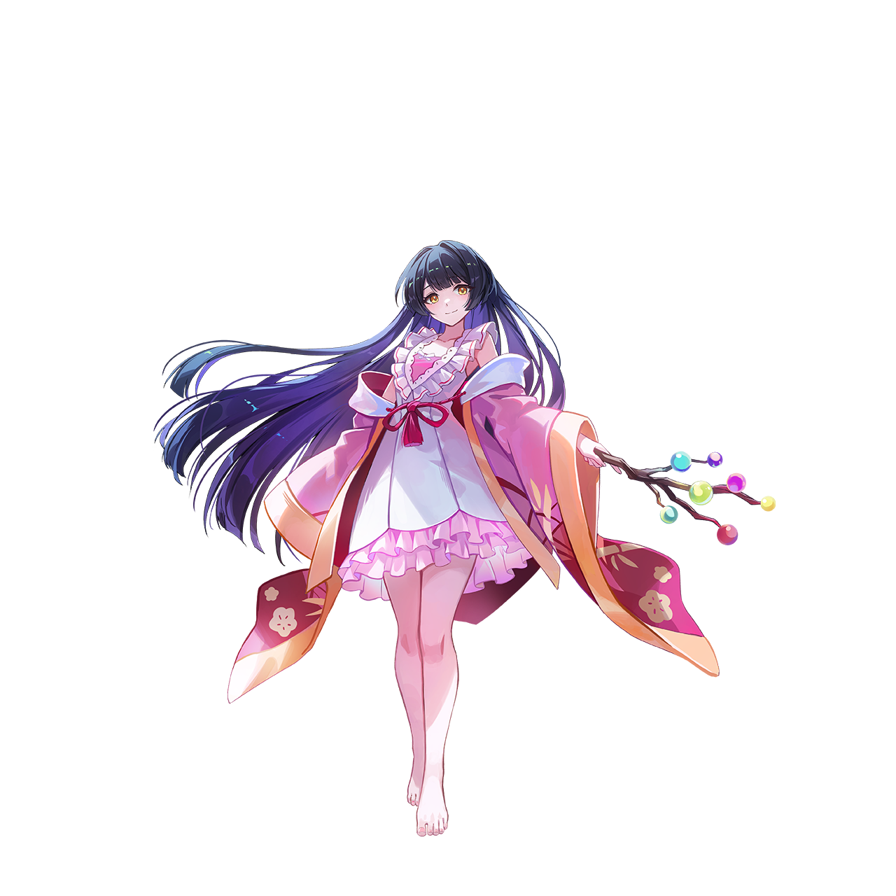 u u zan, houraisan kaguya, touhou, touhou gensou eclipse, game cg, highres, non-web source, official art, second-party source, 1girl, alternate costume, bamboo, barefoot, black hair, blunt bangs, branch, closed mouth, coat, collarbone, dress, frilled dress, frills, full body, holding, holding branch, jeweled branch of hourai, long hair, long sleeves, looking at viewer, open clothes, open coat, pink coat, smile, solo, tachi-e, toes, transparent background, very long hair, white dress, wide sleeves, yellow eyes