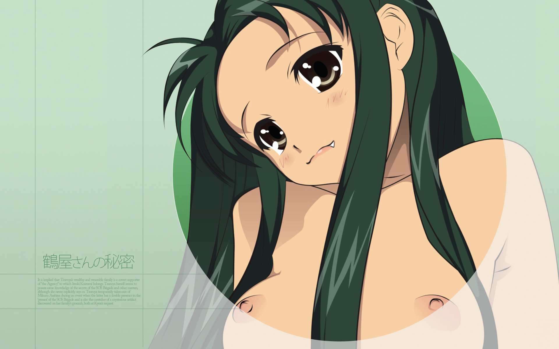 tsuruya, suzumiya haruhi no yuuutsu, highres, third-party edit, 00s, 1girl, breasts, fang, female focus, green hair, long hair, nipples, solo, topless female