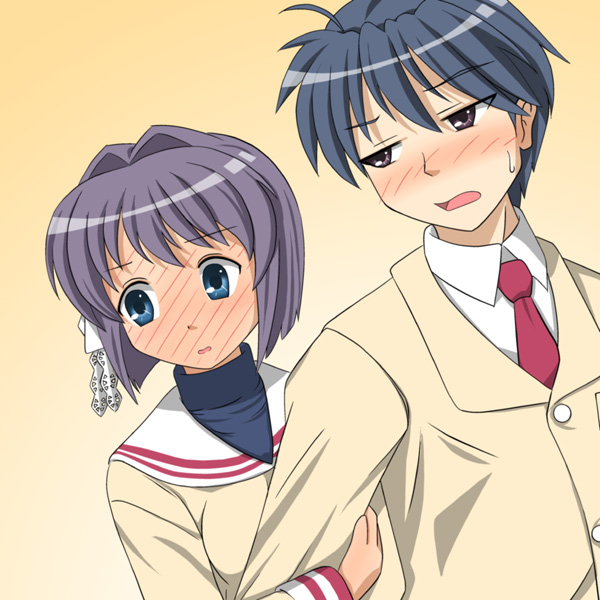 hiraizumi (mugenkidousha), fujibayashi ryou, okazaki tomoya, clannad, arm grab, 00s, blue eyes, blue hair, blush, embarrassed, hiding, purple hair, ribbon, school uniform, short hair