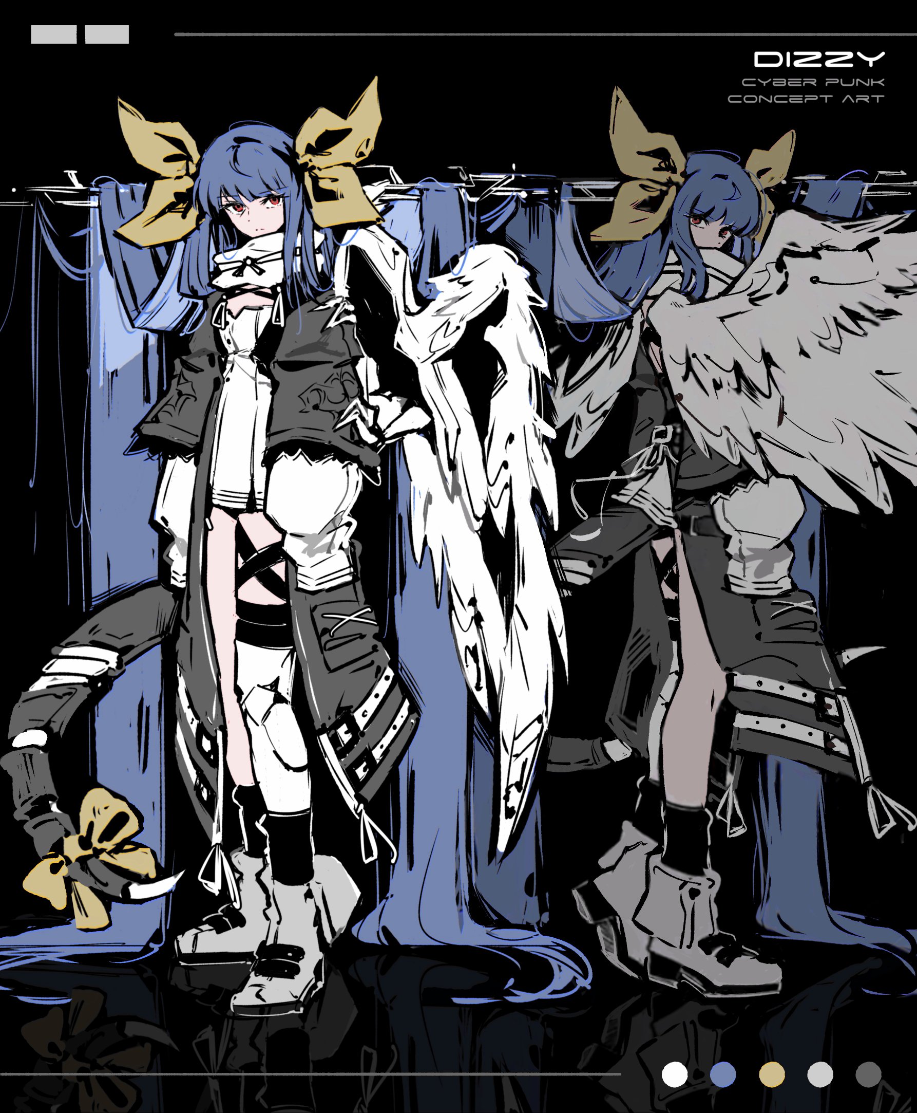 ky gwangin, dizzy (guilty gear), queen dizzy, guilty gear, highres, 1girl, blue hair, coat, feathered wings, red eyes, reflection, sleeves past fingers, sleeves past wrists, tail, wings