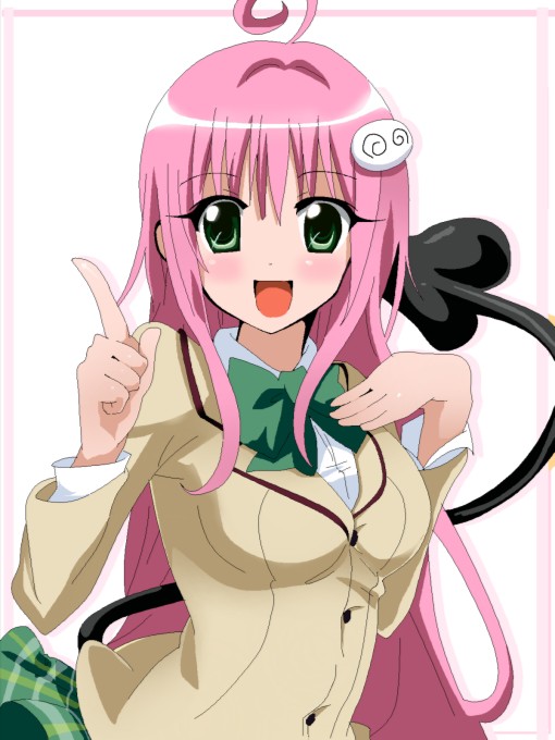momoiro tanuki, lala satalin deviluke, peke (to love-ru), to love-ru, bad id, bad pixiv id, 00s, 1girl, ahoge, female focus, green eyes, long hair, pink hair, plaid clothes, plaid skirt, school uniform, skirt, solo, tail