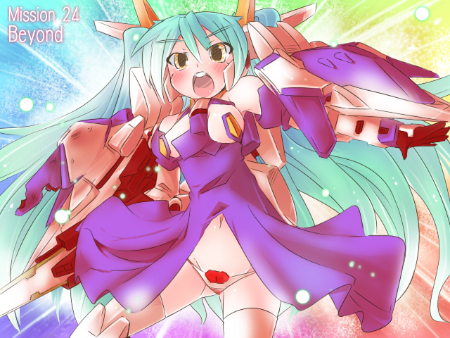 naik, 00 raiser, gundam, gundam 00, 00s, 1girl, aqua hair, damaged, female focus, mecha, mecha musume, panties, robot, solo, twintails, underwear