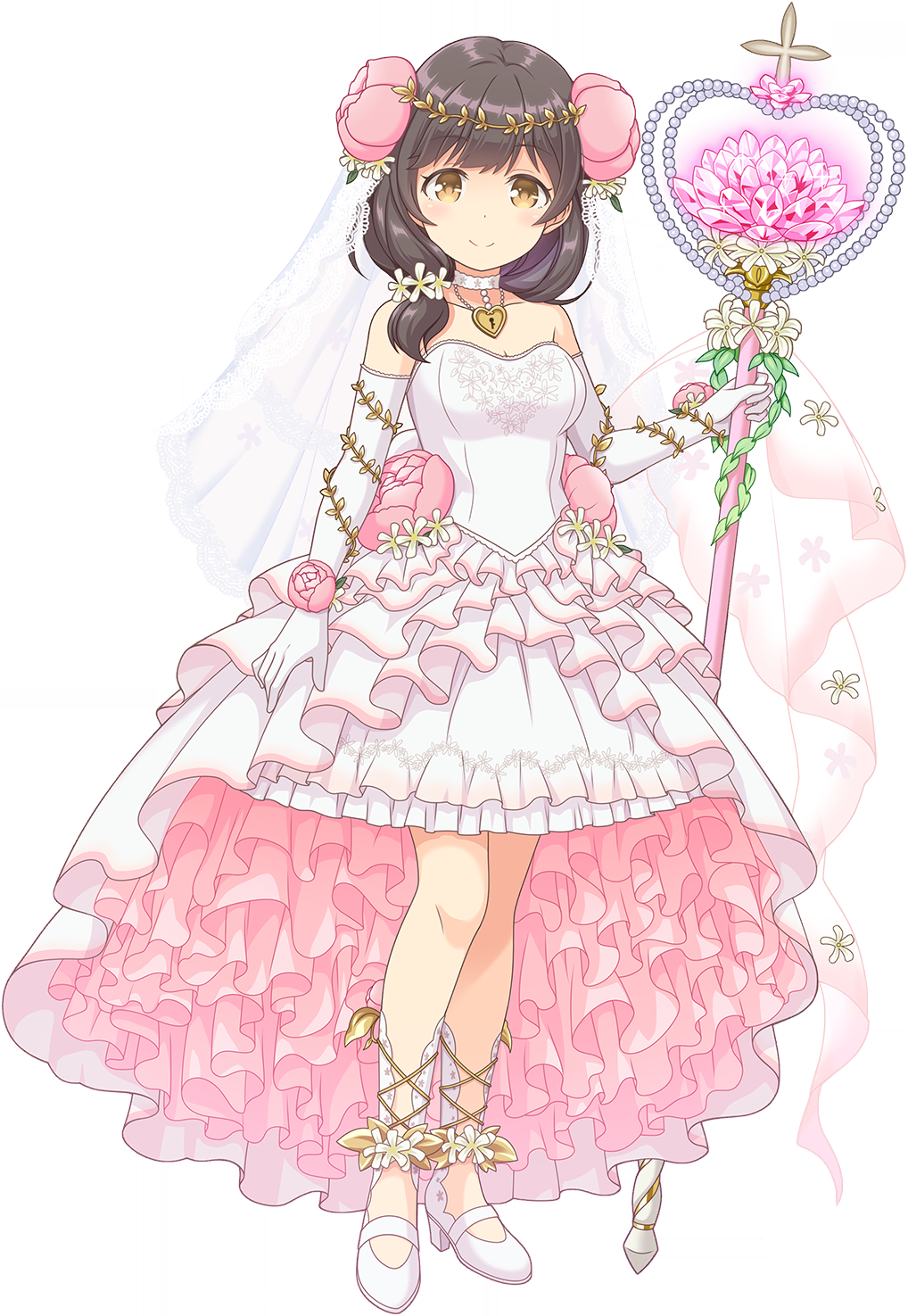 sakurai haruna (ongeki), ongeki, game cg, highres, non-web source, official art, 1girl, bare shoulders, breasts, bridal veil, brown eyes, brown hair, cleavage, collarbone, crystal, dress, elbow gloves, flower, frilled dress, frills, full body, gloves, hair flower, hair ornament, hair over shoulder, heart, high heels, holding, holding staff, large breasts, looking at viewer, low side ponytail, medium dress, overskirt, pink flower, ponytail, shoes, short ponytail, simple background, solo, staff, strapless, strapless dress, transparent background, veil, white dress, white gloves, white shoes