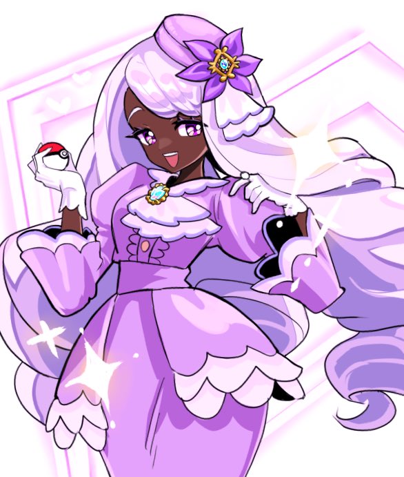 3733, jacinthe (pokemon), nintendo, pokemon, pokemon legends: z-a, commentary, 1girl, :d, cowboy shot, dark-skinned female, dark skin, dress, flower, gloves, hat, hat flower, heart, holding, holding poke ball, long hair, open mouth, poke ball, purple dress, purple eyes, purple hair, simple background, smile, solo, standing, white background, white gloves