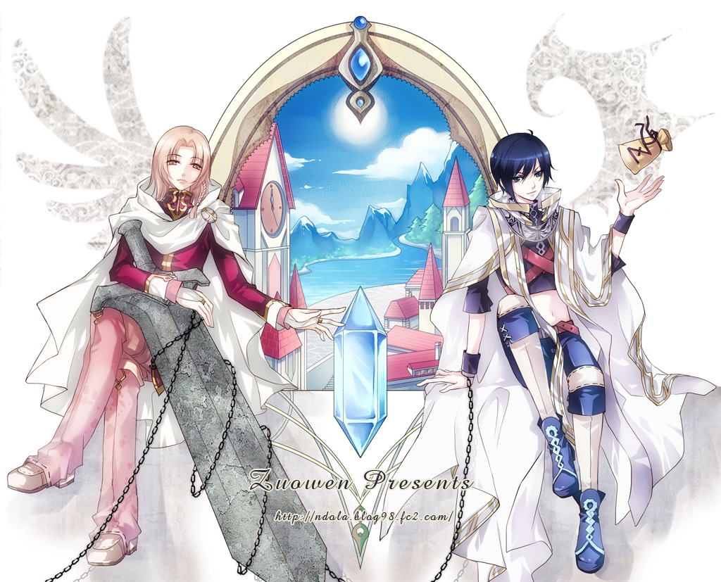 sakubun, zuowen, original, 2boys, blonde hair, blue eyes, blue hair, boots, cape, chain, crystal, male focus, multiple boys, pink boots, pouch, red eyes, robe, short hair, sword, weapon