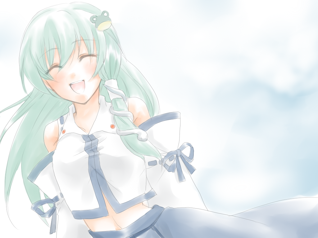 usa-neko, usaneko (artist), kochiya sanae, touhou, bad id, bad pixiv id, 1girl, :d, ^ ^, bare shoulders, closed eyes, detached sleeves, female focus, frog hair ornament, green hair, hair ornament, long hair, nontraditional miko, open mouth, simple background, smile, solo, very long hair, white background