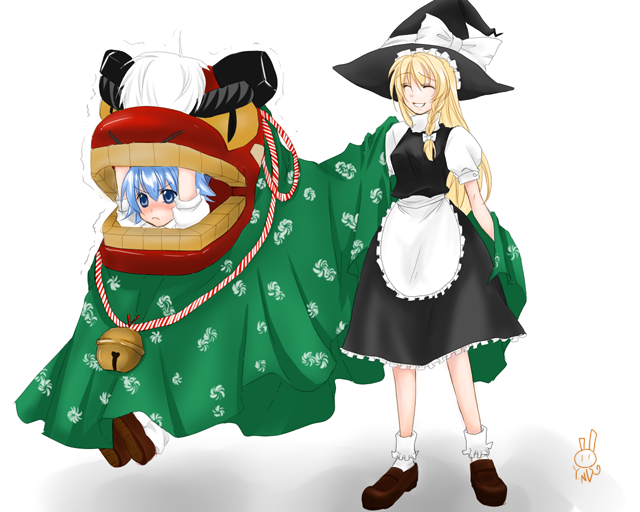usa-neko, usaneko (artist), cirno, kirisame marisa, embodiment of scarlet devil, touhou, bad id, bad pixiv id, 2girls, bell, blonde hair, braid, female focus, full body, multiple girls, simple background, single braid, socks, white background