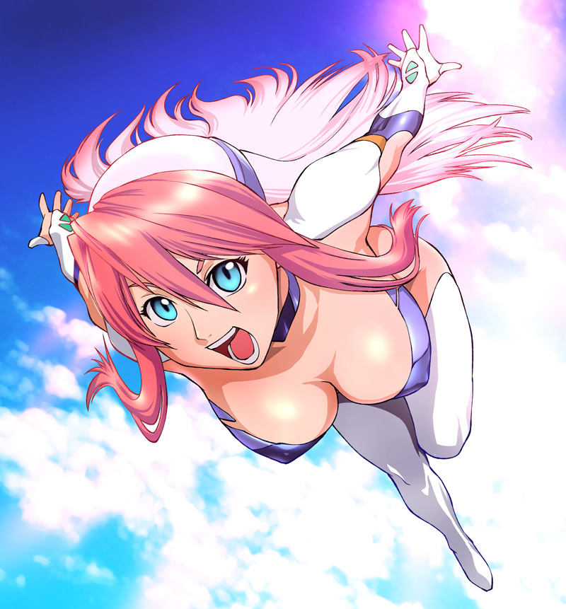ueyama michirou, birdy cephon altera, tetsuwan birdy, 1girl, aqua eyes, ass, blue eyes, boots, breasts, colored bangs, covered erect nipples, female focus, hanging breasts, large breasts, long hair, multicolored hair, pink hair, smile, solo, two-tone hair, white hair