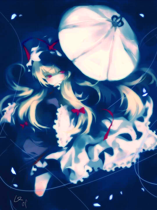 llcss, maruko, yakumo yukari, touhou, bad id, bad pixiv id, 1girl, blonde hair, female focus, gap (touhou), ribbon, solo, umbrella