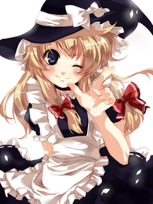 llcss, maruko, kirisame marisa, touhou, 1girl, blonde hair, blue eyes, female focus, hat, one eye closed, ribbon, solo, wink, witch, witch hat