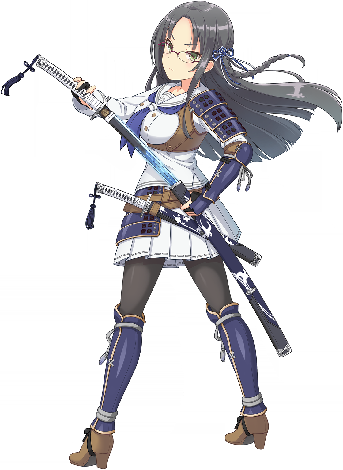 kujo kaede, ongeki, game cg, highres, non-web source, official art, 1girl, armor, black hair, black pantyhose, braid, breasts, brown shoes, closed mouth, floating hair, frown, full body, grey eyes, high heels, holding, holding sword, holding weapon, japanese armor, katana, kote, kusazuri, large breasts, long hair, long sleeves, looking at viewer, miniskirt, pantyhose, pleated skirt, sailor collar, school uniform, serafuku, sheath, shirt, shoes, side braid, simple background, single braid, single sode, skirt, solo, split mouth, suneate, sword, tekko, transparent background, underbust, unsheathing, v-shaped eyebrows, weapon, white sailor collar, white serafuku, white shirt, white skirt
