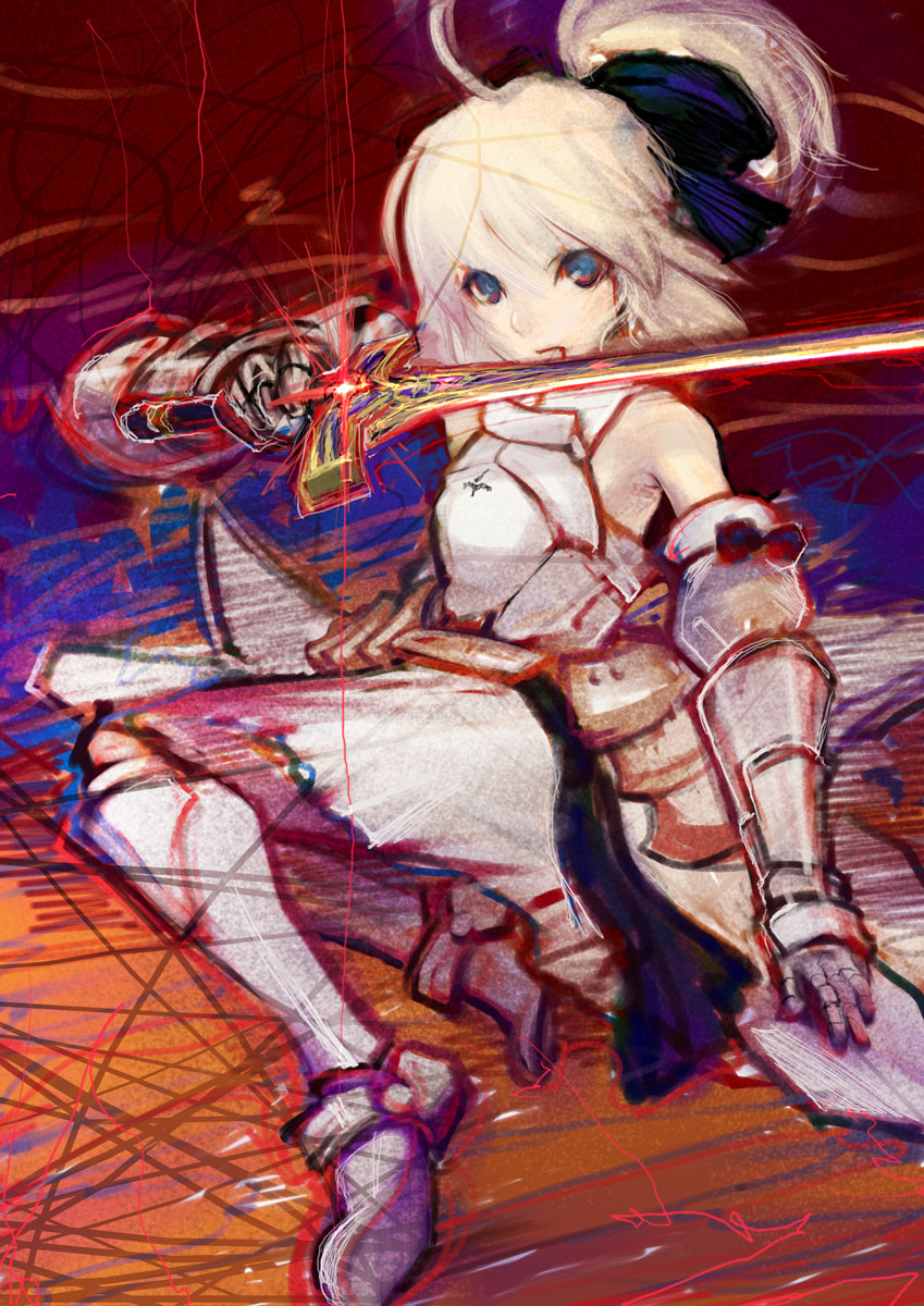 madokan suzuki, artoria pendragon (fate), saber (fate), saber lily, capcom, fate/stay night, fate/unlimited codes, fate (series), type-moon, highres, 00s, 1girl, armor, armored dress, dress, female focus, ponytail, solo, sword, weapon