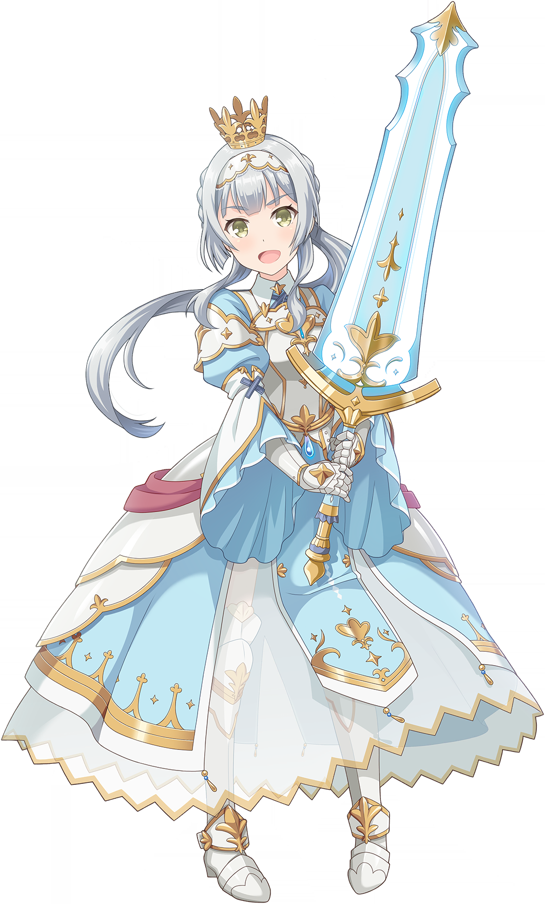 kashiwagi saki, ongeki, game cg, highres, non-web source, official art, 1girl, armor, armored boots, armored gloves, blue sleeves, boots, braid, crown, full body, gold crown, grey hair, holding, holding sword, holding weapon, huge weapon, juliet sleeves, long hair, long skirt, long sleeves, looking at viewer, ponytail, puffy sleeves, see-through clothes, see-through skirt, shirt, side braids, simple background, skirt, solo, sword, transparent background, very long hair, weapon, white shirt, white skirt, yellow eyes
