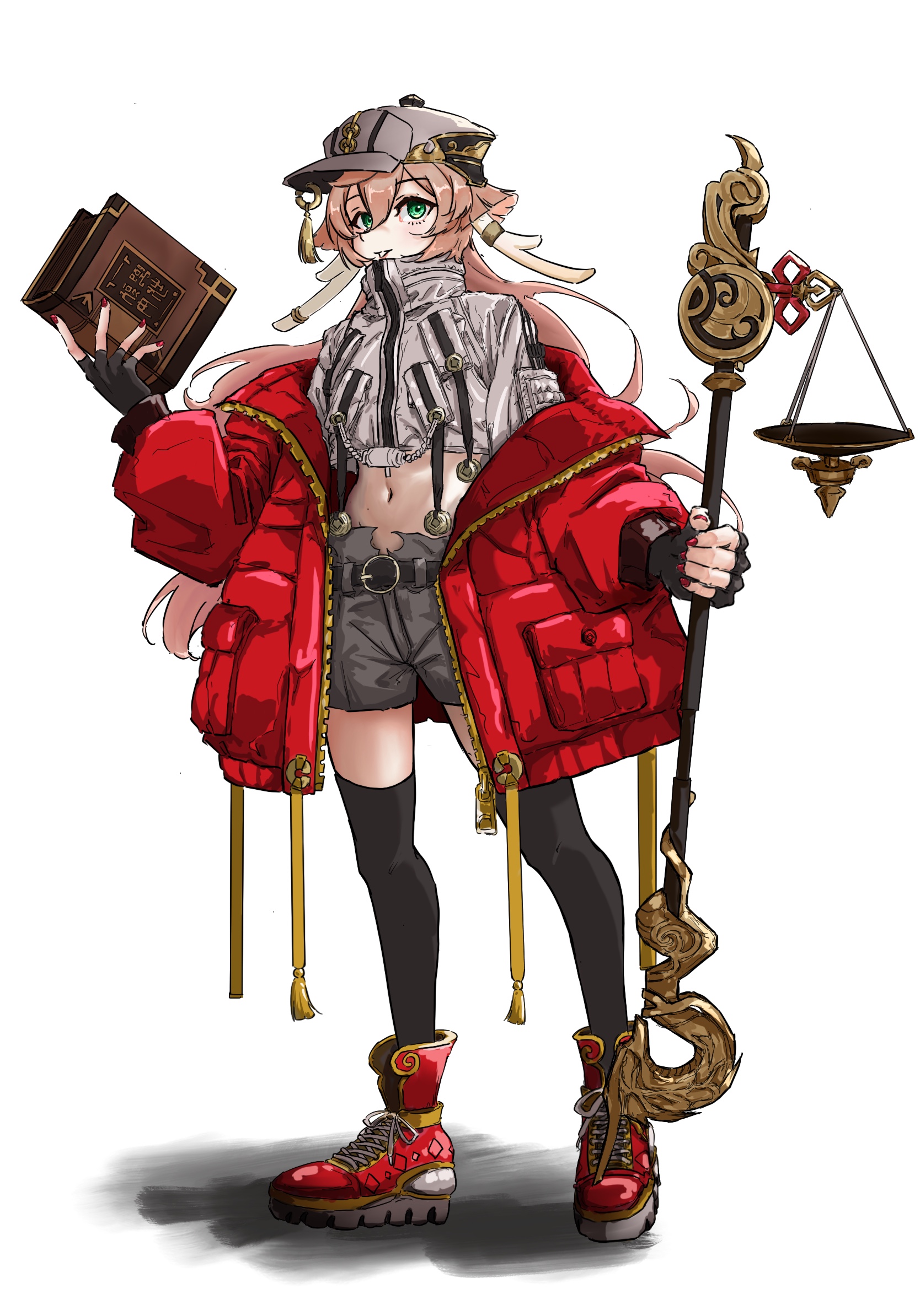 yanfei (genshin impact), genshin impact, commentary request, highres, 1girl, alternate costume, aqua eyes, balance scale, black gloves, black thighhighs, book, crop top, fingerless gloves, full body, gloves, grey hat, grey shirt, grey shorts, hat, holding, holding book, holding staff, jacket, jacket partially removed, jibakurei, long hair, looking at viewer, midriff, nail polish, navel, off shoulder, open clothes, open jacket, pink hair, red jacket, red nails, red shoes, shirt, shoes, shorts, solo, staff, standing, stomach, thighhighs, very long hair, weighing scale