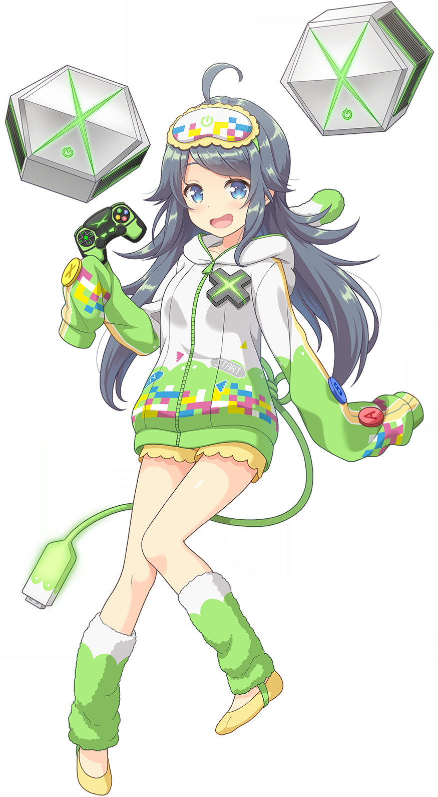 inohara koboshi, ongeki, game cg, highres, non-web source, official art, 1girl, :d, ahoge, blue eyes, blush, breasts, controller, flats, full body, game controller, green jacket, green leg warmers, grey hair, holding, holding controller, holding game controller, hood, hood down, hooded jacket, jacket, large breasts, leg warmers, long hair, long sleeves, looking at viewer, messy hair, multicolored jacket, open mouth, shoes, short shorts, shorts, sidelocks, simple background, sleep mask, sleeves past fingers, sleeves past wrists, smile, solo, swept bangs, tail, transparent background, white jacket, xbox controller, yellow shoes, yellow shorts