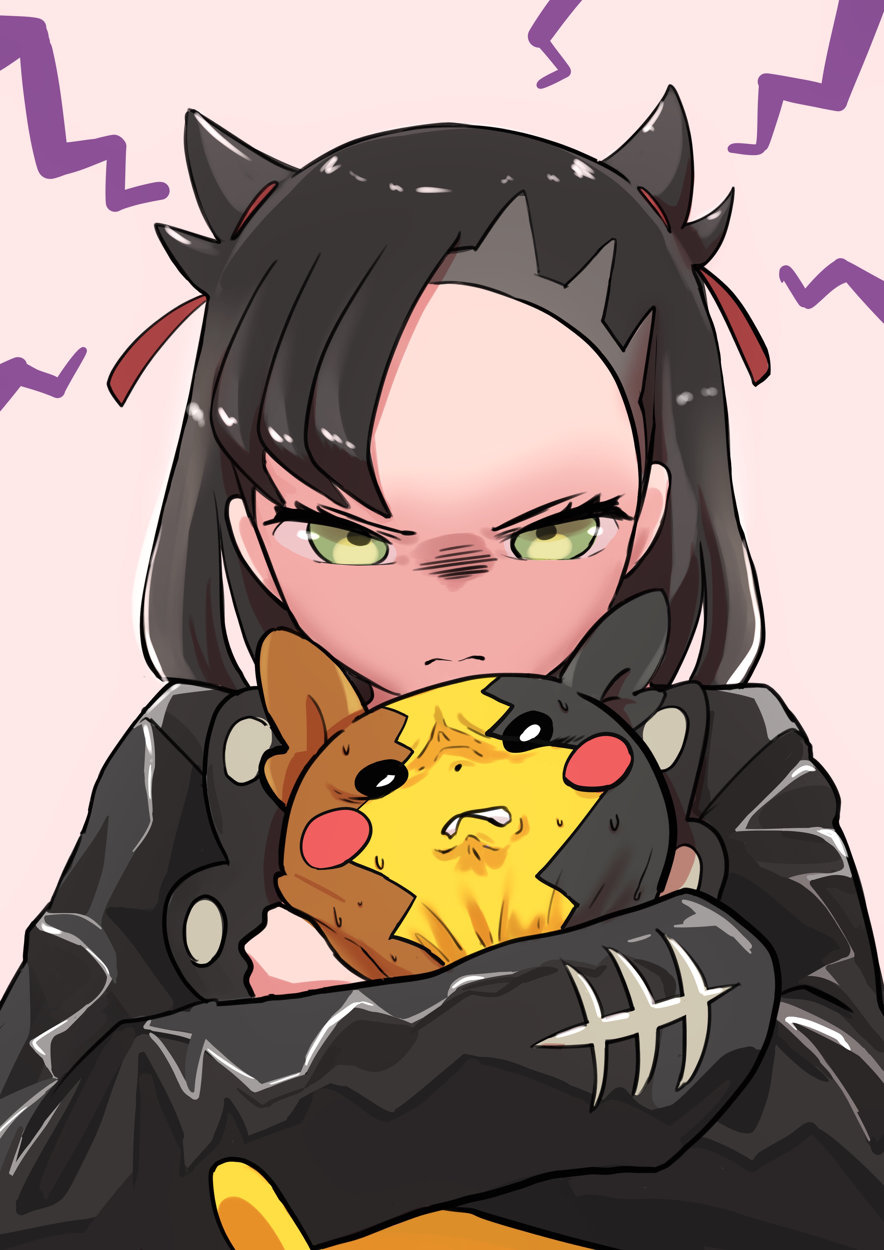 hanten (hantennano), marnie (pokemon), morpeko, morpeko (full), nintendo, pokemon, pokemon swsh, absurdres, commentary request, highres, 1girl, asymmetrical bangs, black hair, black jacket, closed mouth, eyelashes, frown, gen 8 pokemon, glaring, green eyes, grey background, hair ribbon, holding, holding pokemon, jacket, long hair, long sleeves, looking at viewer, pokemon (creature), red ribbon, ribbon, upper body