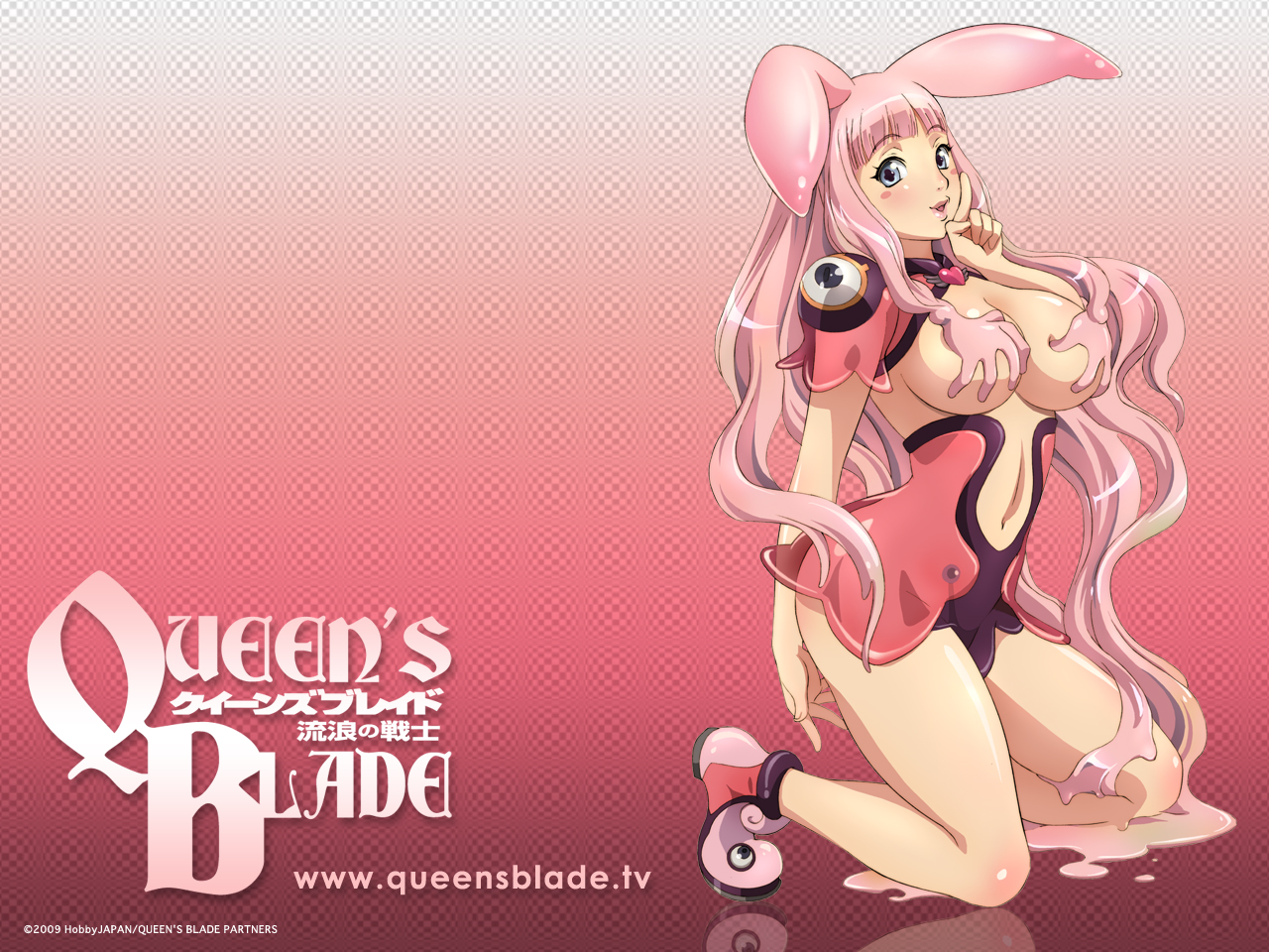 melona (queen's blade), protean assassin melona, queen's blade, official art, official wallpaper, + +, 00s, 1girl, animal ears, blush stickers, breasts, cleavage, covering breasts, covering privates, female focus, full body, grabbing another's breast, groping, large breasts, monster girl, panties, rabbit ears, revealing clothes, sideboob, slime (substance), slime girl, solo, underboob, underwear