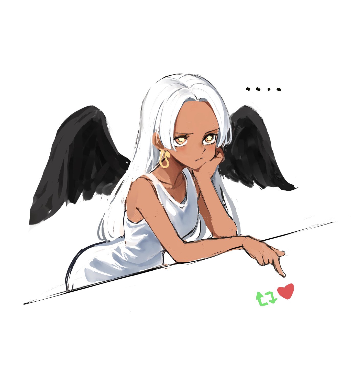 kasumi 6, s-snake, one piece, highres, …, black wings, dark-skinned female, dark skin, dress, earrings, jewelry, looking up, pointing, star-shaped pupils, star (symbol), symbol-shaped pupils, white dress, white hair, wings, yellow eyes