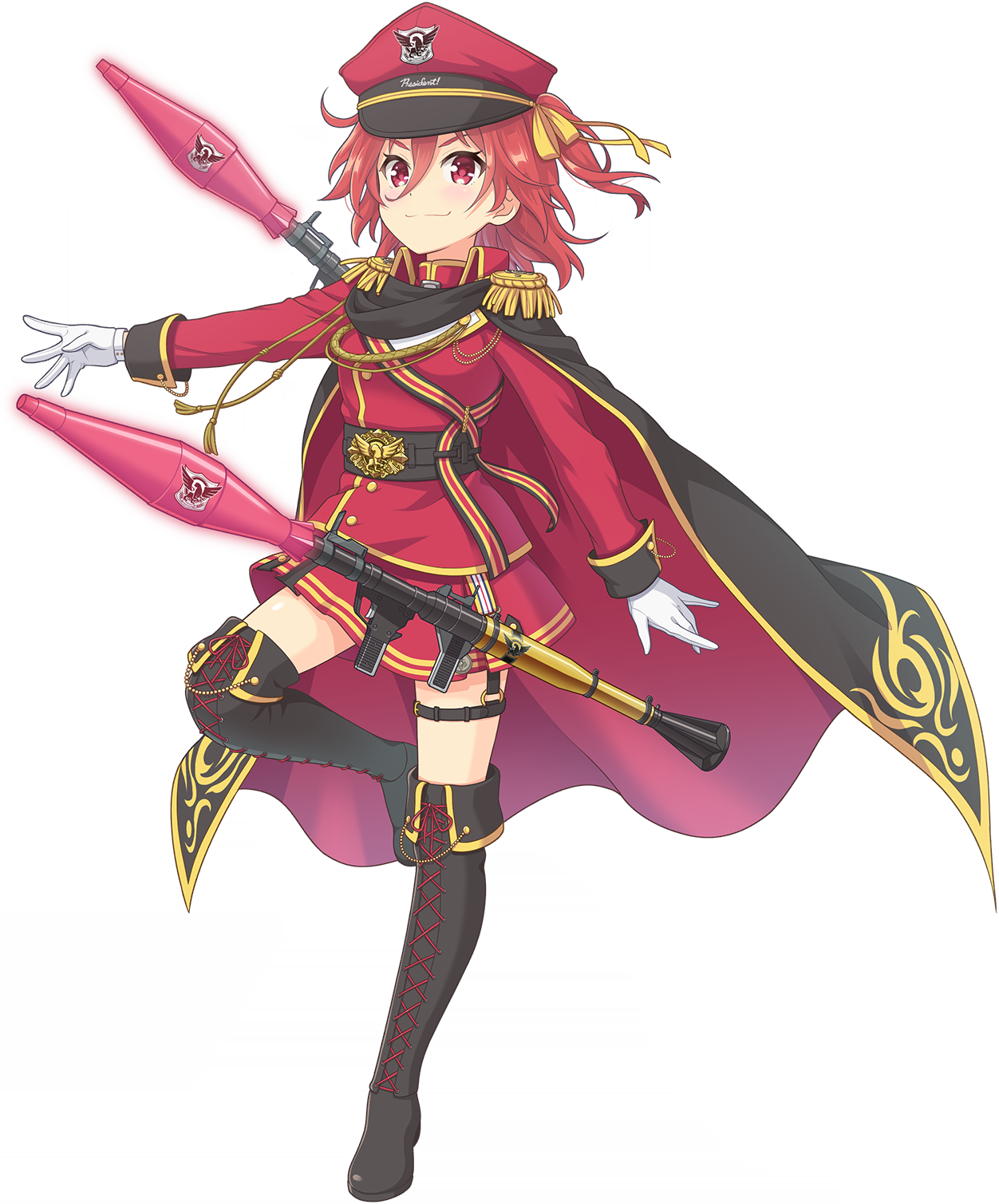 ousaka akane, ongeki, game cg, highres, non-web source, official art, 1girl, aiguillette, black boots, black cape, black skirt, blush, boots, breasts, cape, epaulettes, floating, floating hair, floating object, floating weapon, fringe trim, full body, gloves, hair between eyes, hair ribbon, hat, jacket, leg up, long sleeves, looking at viewer, medium hair, military uniform, miniskirt, one side up, red cape, red hat, red jacket, ribbon, rocket launcher, rpg (weapon), simple background, skirt, small breasts, smile, smirk, solo, standing, standing on one leg, thigh boots, transparent background, v-shaped eyebrows, weapon, white gloves, yellow ribbon