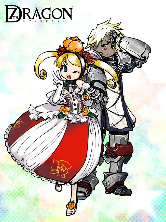 grion (7th dragon), knight (7th dragon), princess (7th dragon), sora (7th dragon), 7th dragon, 7th dragon (series), 1boy, 1girl, arm up, blonde hair, corset, dress, flower, gauntlets, knight, long sleeves, looking at viewer, one eye closed, red dress, standing, swept bangs, twintails, wink