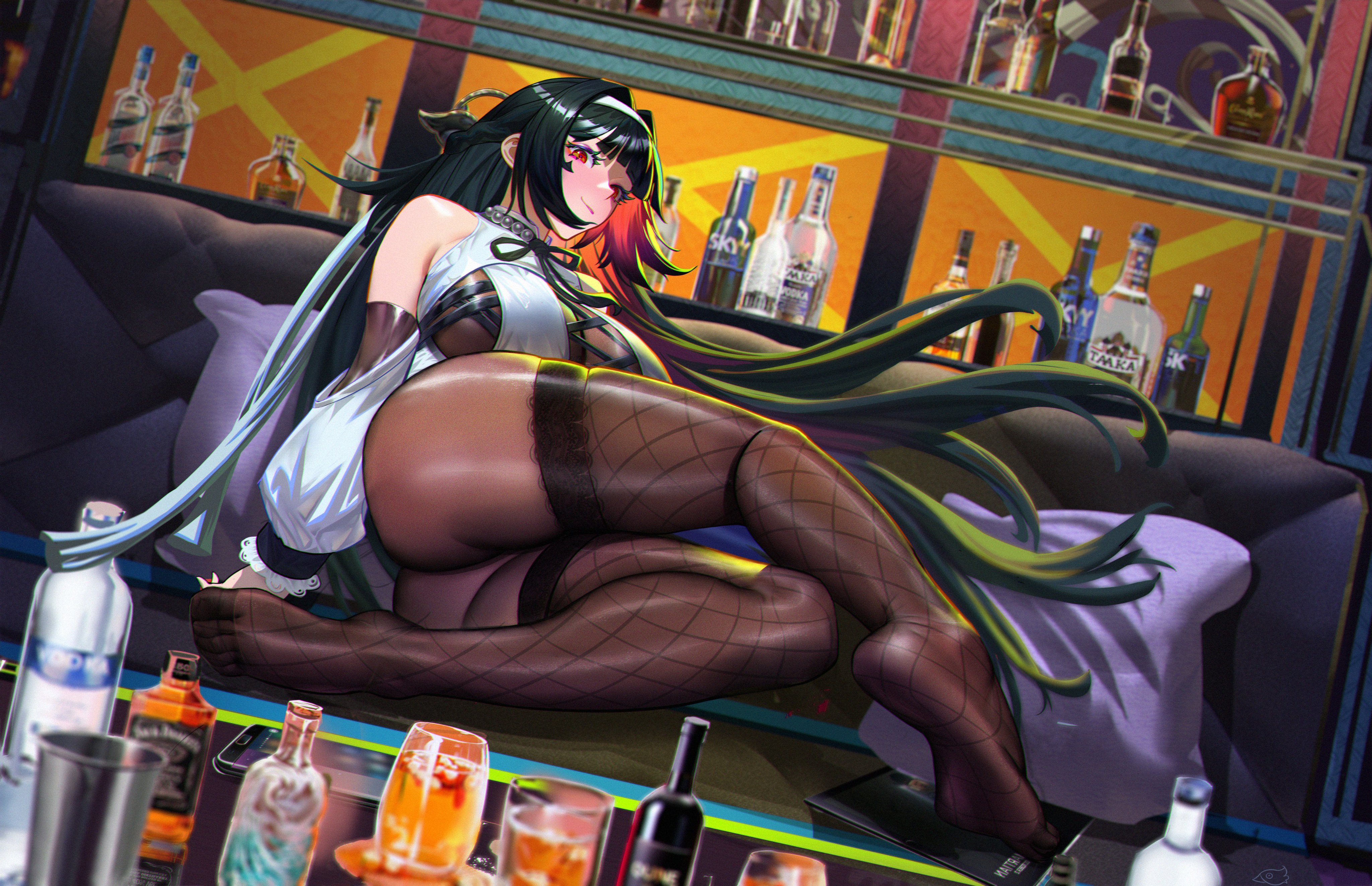 hhhhhddd audn, astra yao, zenless zone zero, absurdres, commentary request, highres, 1girl, alcohol, ass, bar (place), bare shoulders, beads, black hair, bodystocking, bottle, breasts, brown bodystocking, brown pantyhose, chest bow, closed mouth, colored inner hair, couch, cross-laced clothes, cross-laced top, cup, detached sleeves, drink, drinking glass, fishnet pantyhose, fishnets, frilled sleeves, frills, glass table, hairband, indoors, large breasts, long hair, looking at viewer, lying, multicolored hair, on couch, pantyhose, pillow, puffy sleeves, red eyes, ring hair ornament, see-through clothes, sleeveless bodystocking, solo, table, uneven bangs, white hairband