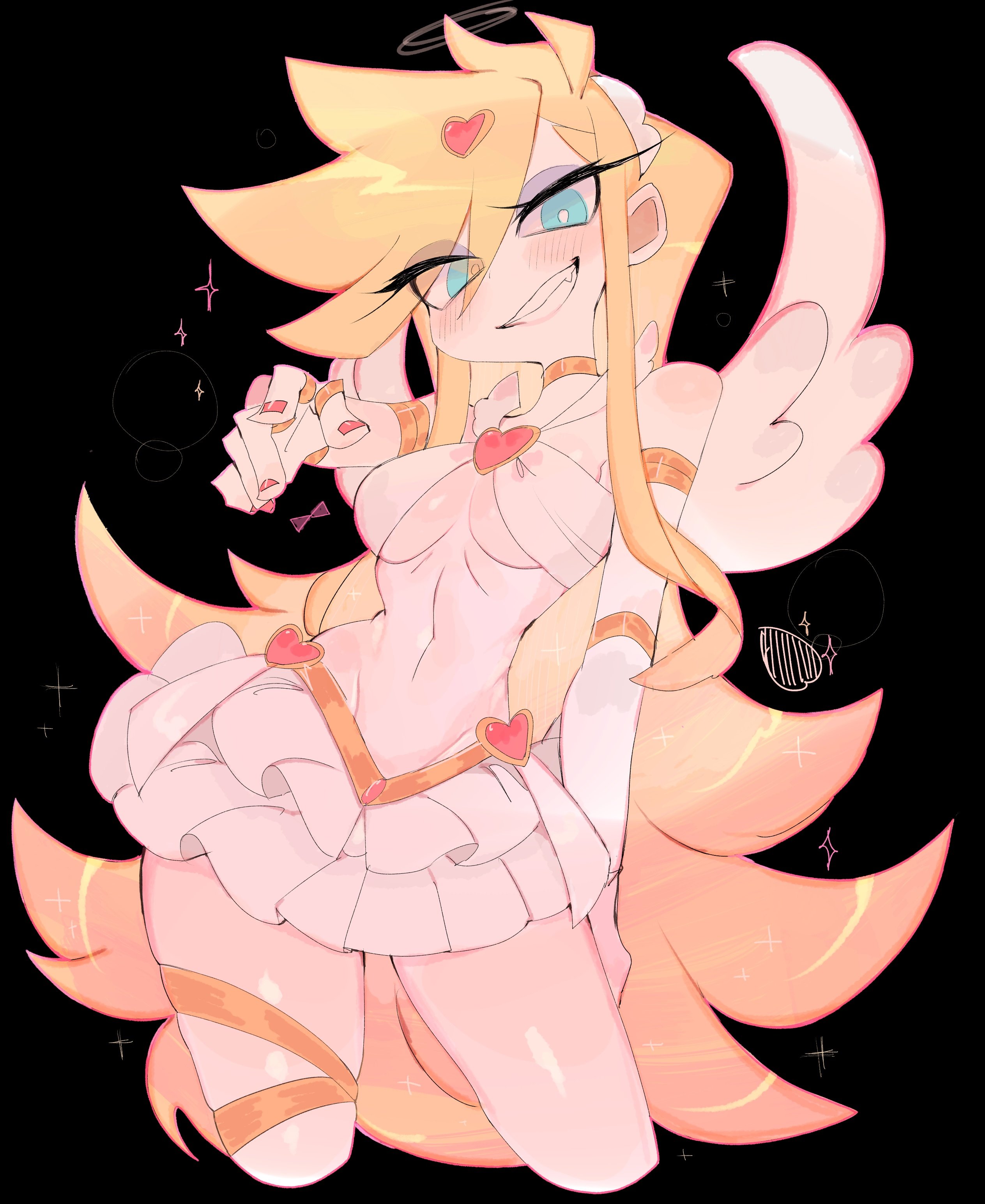 usa37107692, panty (psg), panty & stocking with garterbelt, absurdres, highres, 1girl, angel, angel wings, black background, blonde hair, blue eyes, breasts, brooch, cleavage, contrapposto, dress, earrings, feathered wings, feathers, halo, heart, heart brooch, hoop earrings, jewelry, large breasts, long hair, looking at viewer, simple background, smile, solo, standing, thick thighs, thighs, traditional halo, very long hair, white wings, wings