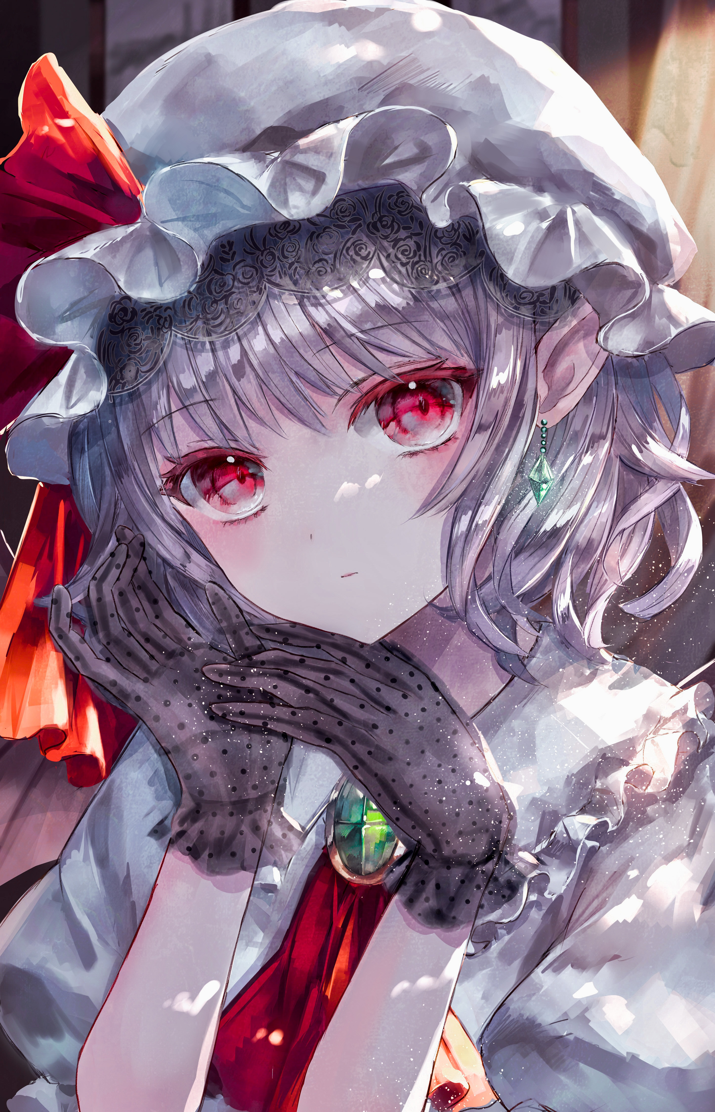 suzushina, remilia scarlet, touhou, absurdres, commentary, highres, 1girl, :|, ascot, black gloves, blush, brooch, closed mouth, frilled hat, frilled sailor collar, frills, gloves, grey hair, hat, hat ribbon, jewelry, looking at viewer, mob cap, pointy ears, polka dot gloves, puffy short sleeves, puffy sleeves, red ascot, red eyes, red ribbon, ribbon, sailor collar, see-through clothes, see-through gloves, shirt, short hair, short sleeves, solo, upper body, white hat, white shirt