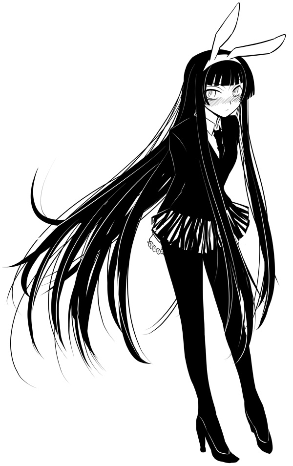 shima tokio, shimaso, female protagonist (houkago play), houkago play, bad id, bad pixiv id, animal ear hairband, animal ears, blush, greyscale, high heels, long hair, monochrome, necktie, pantyhose, rabbit ear hairband, rabbit ears, school uniform, skirt, solo, very long hair
