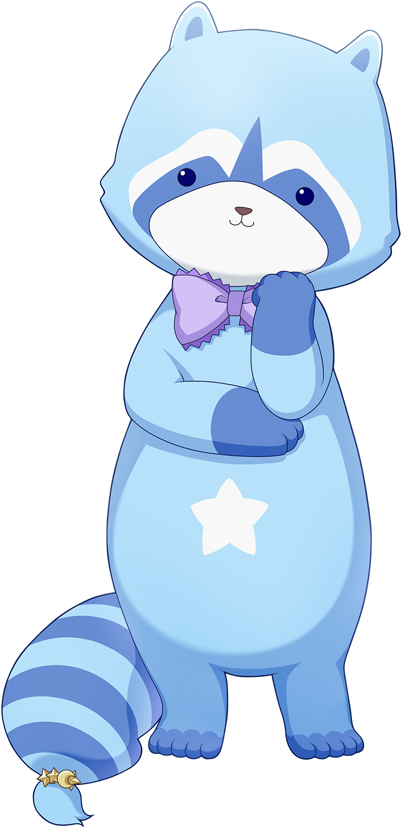 suzushima arisu, ongeki, game cg, highres, non-web source, official art, :3, ambiguous gender, animal costume, bear costume, blue fur, bow, bowtie, crescent, frilled bowtie, full body, hand on own chin, large bow, looking at viewer, mascot costume, purple bow, purple bowtie, simple background, solo, star (symbol), striped tail, tail, tail ornament, transparent background