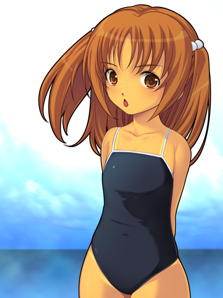 yoko juusuke, uchida yuka, minami-ke, bad id, bad pixiv id, 00s, 1girl, :<, bare shoulders, brown eyes, brown hair, collarbone, female focus, flat chest, hair bobbles, hair ornament, ocean, one-piece swimsuit, open mouth, solo, swimsuit, two side up
