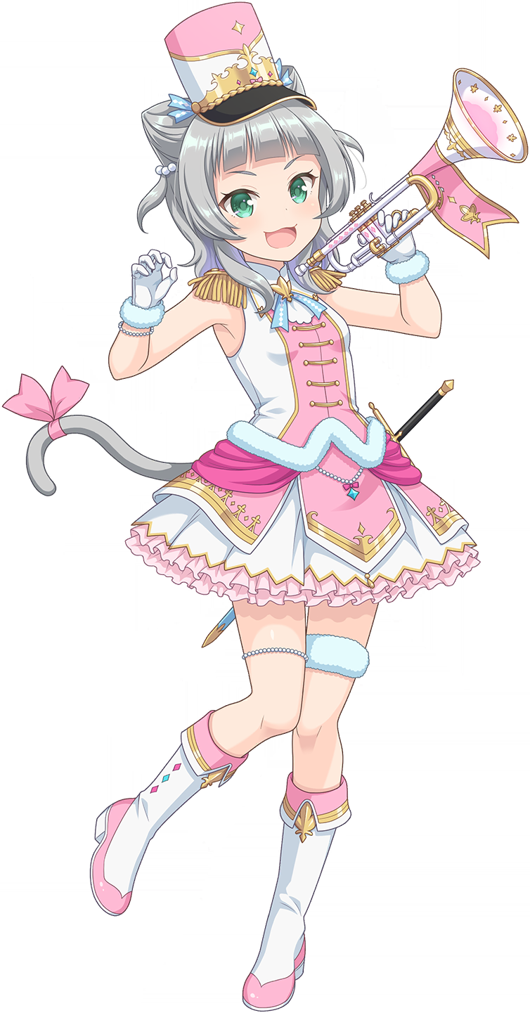 kashiwagi mia, ongeki, game cg, highres, non-web source, official art, 1girl, :3, :d, blunt bangs, boots, breasts, cone hair bun, double bun, epaulettes, fold-over boots, frilled skirt, frills, full body, fur-trimmed gloves, fur-trimmed shirt, fur thigh strap, fur trim, gloves, green eyes, hair bun, hair ears, holding, holding instrument, holding trumpet, instrument, knee boots, long hair, looking at viewer, miniskirt, multicolored boots, open mouth, pink boots, pink shirt, pleated skirt, shirt, sidelocks, simple background, skirt, sleeveless, sleeveless shirt, small breasts, smile, solo, transparent background, trumpet, two-tone boots, two side up, white boots, white gloves