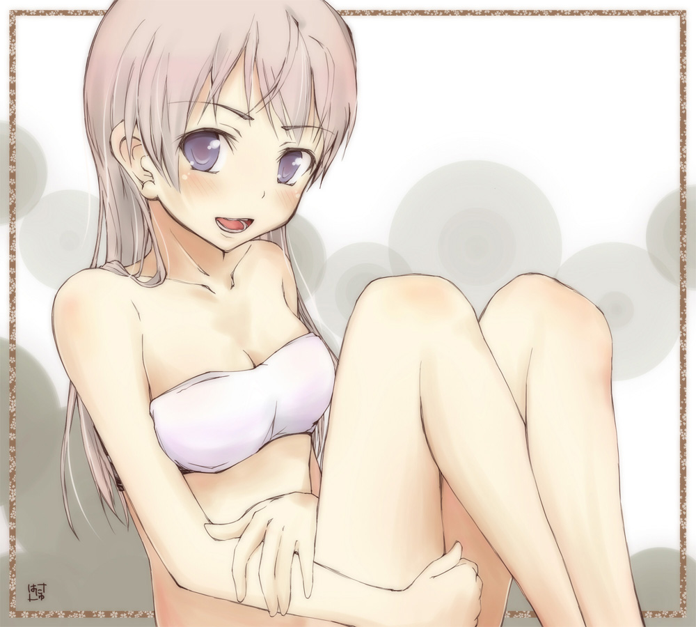 eila ilmatar juutilainen, hanyu, strike witches, world witches series, silver hair, 00s, 1girl, blue eyes, blush, bra, circle, collarbone, disk, female focus, holding own arm, hugging own legs, lingerie, long hair, open mouth, pink hair, signature, sitting, smile, solo, underwear