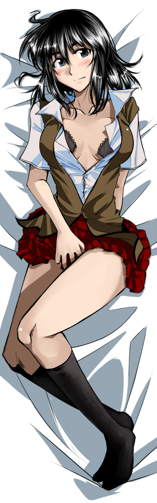cosaten, suou mikoto (school rumble), school rumble, long image, tall image, 00s, 1girl, bed, black eyes, black hair, blush, bra, breasts, cleavage, dakimakura (medium), female focus, large breasts, legs, lingerie, long hair, lying, open clothes, open shirt, shirt, skirt, smile, socks, solo, underwear