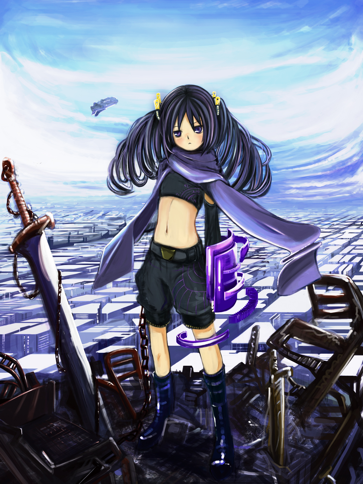 tokiwakinya, original, highres, :<, boots, day, flat chest, huge weapon, midriff, purple eyes, purple hair, scarf, science fiction, sky, solo, spacecraft, sword, weapon