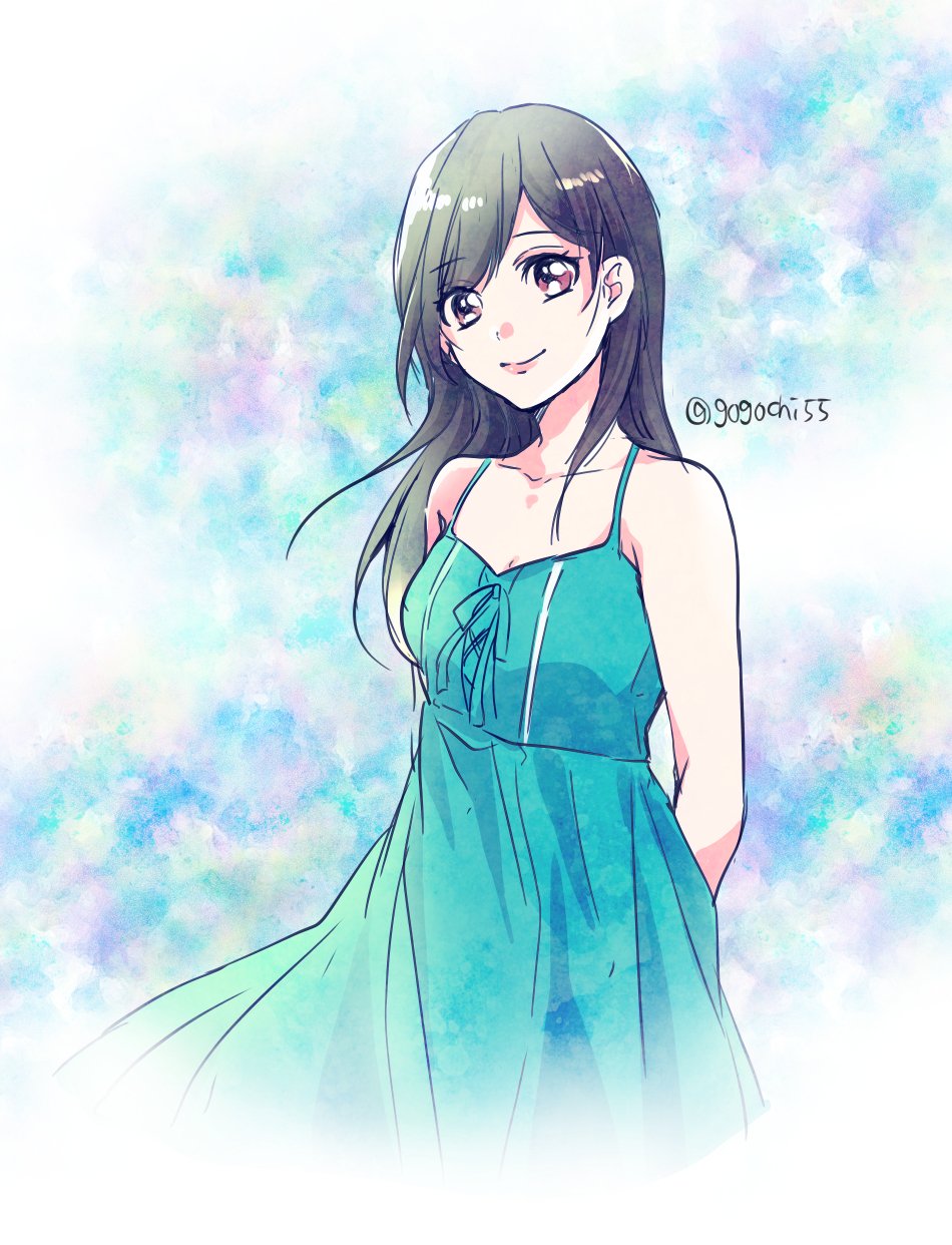 gogochi55, tifa lockhart, final fantasy, final fantasy vii, final fantasy vii remake, commentary request, highres, 1girl, aged down, aqua dress, arms behind back, bare shoulders, black hair, closed mouth, collarbone, cowboy shot, dress, long hair, looking at viewer, red eyes, smile, solo, spaghetti strap, sundress, swept bangs, twitter username