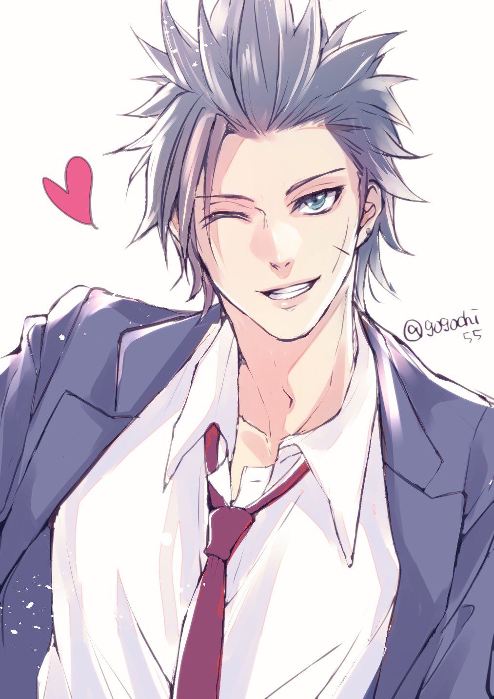 gogochi55, zack fair, final fantasy, final fantasy vii, commentary request, highres, 1boy, alternate costume, black hair, blue eyes, blue jacket, collared shirt, contemporary, cross scar, facial scar, grin, heart, jacket, lips, loose necktie, male focus, necktie, one eye closed, open clothes, open jacket, red necktie, scar, scar on cheek, scar on face, school uniform, shirt, short hair, simple background, smile, solo, spiked hair, twitter username, upper body, white background, white shirt