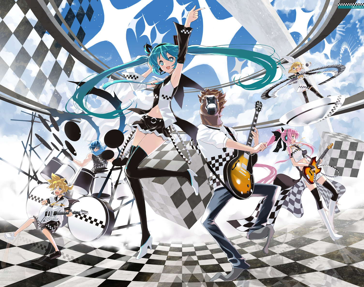 achunchun, chun (friendly sky), hatsune miku, kagamine len, kagamine rin, kaito (vocaloid), megurine luka, nakamura ine, vocaloid, bad id, + +, 3boys, 3girls, armpits, blue hair, boots, checkered floor, fisheye, floor, guitar, horse, horse head, horse mask, instrument, long hair, mask, midriff, multiple boys, multiple girls, skirt, thighhighs, twintails, what